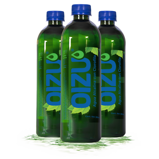 3 Botellas Agua Alcalina Oizu + Clorofila. Presentación 500 ml